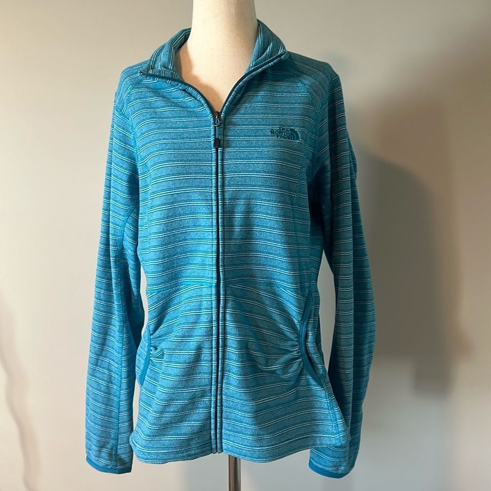 The North Face Women's Size L Teal Full Zip Blue Striped Fleece Polartec Fleece